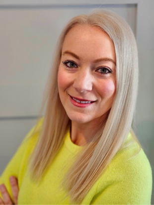 smiling woman with shoulder-length hair