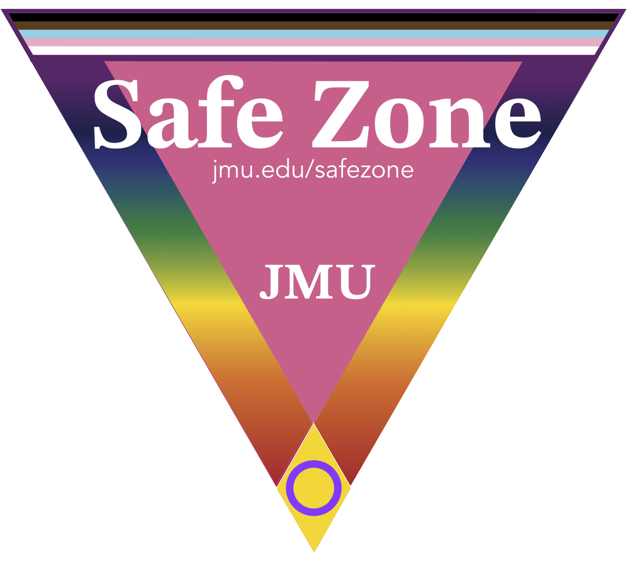 SafeZone Sticker: A pink triangle inside a progress-pride rainbow triangle