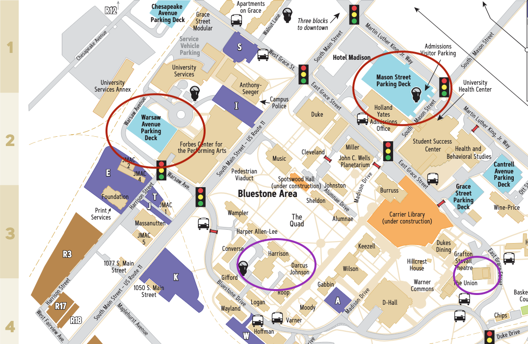 a map of the northwest part of JMU's campus with the Mason Street and Warsaw Street parking decks circled in red