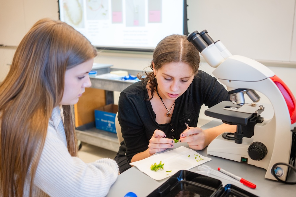 Two students in a science lab examine plant samples beside a microscope on a classroom table.