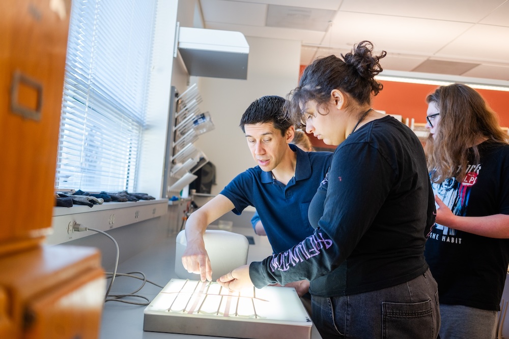 Students in a classroom lab work together at an illuminated workstation, with one person pointing to a sample while another observes closely.