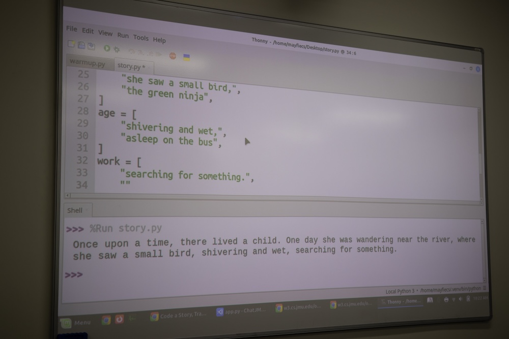 Computer screen showing a Python editor and console, running story.py and printing a short “Once upon a time” story output.