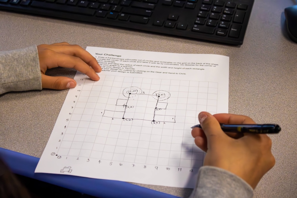 Hands drawing shapes and labeled points on a coordinate grid worksheet at a desk, with a keyboard in the background.