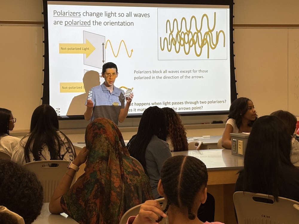 Teacher demonstrates light polarization to a classroom, gesturing in front of a projected slide with wave diagrams and text about polarizers.