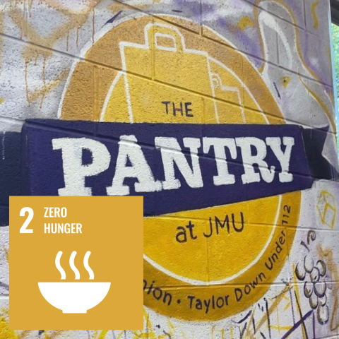 Mural of the JMU Pantry logo. Overlay of logo for SDG 2 Zero Hunger.
