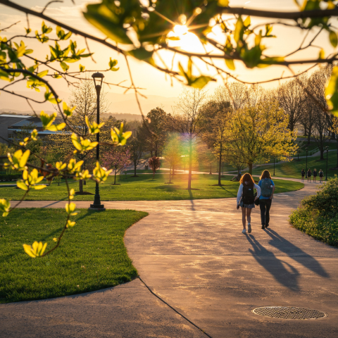 Two students walking on uncrowded campus at sunset. 