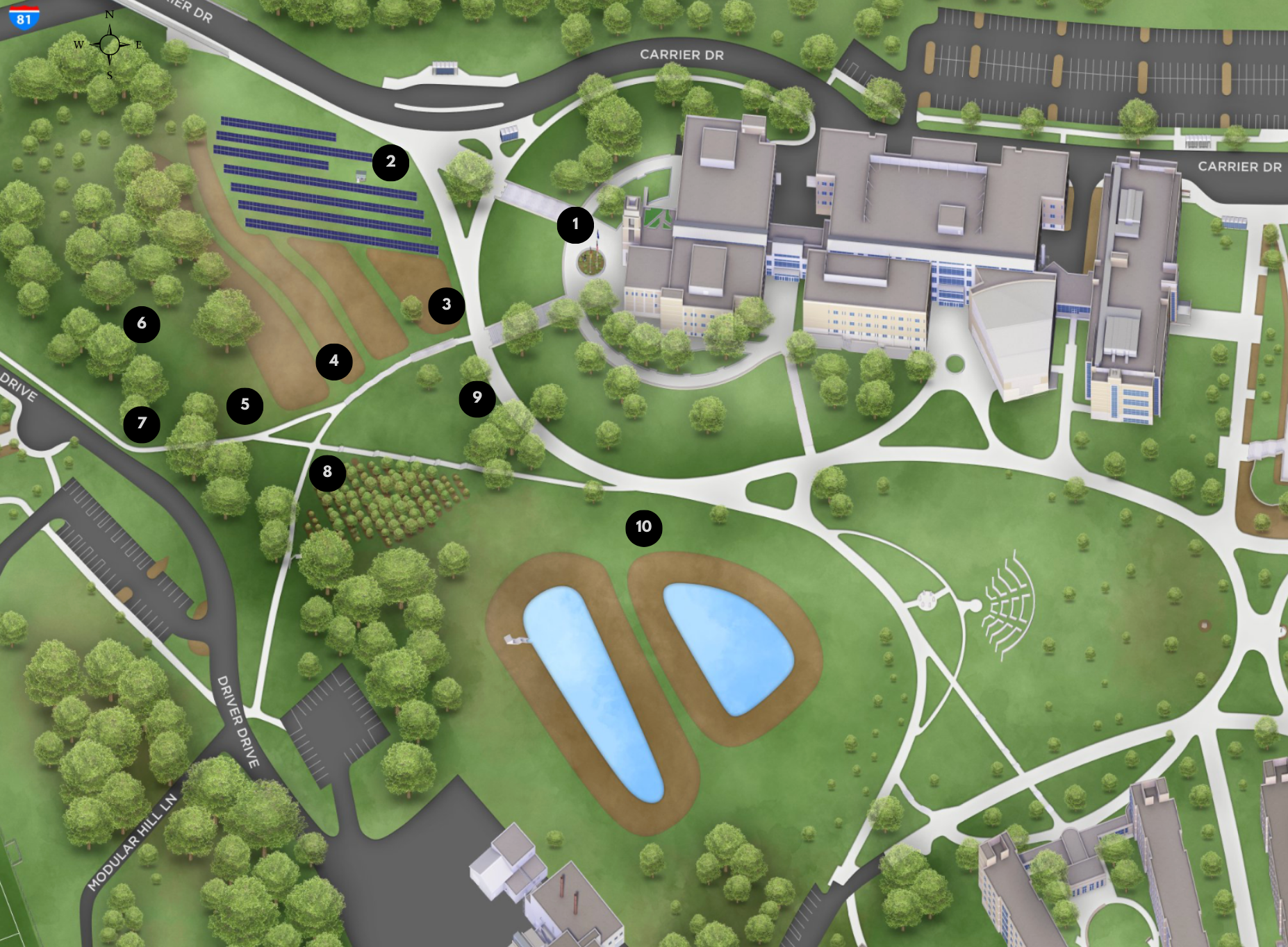 Aerial view of area with numbered markers to create a map of the sustainability features