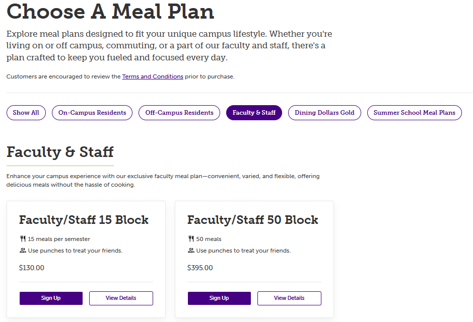 Select a meal plan screenshot from JMU Dining