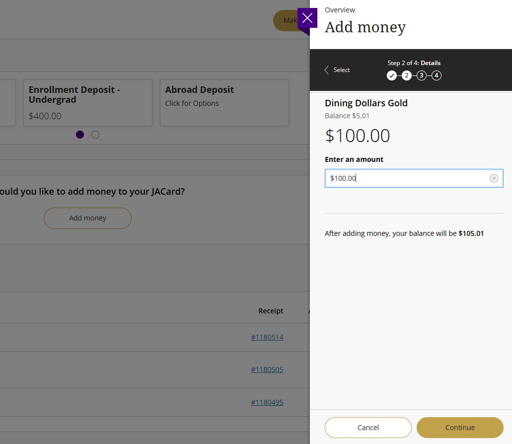 Enter an amount to add to dining dollars gold. 