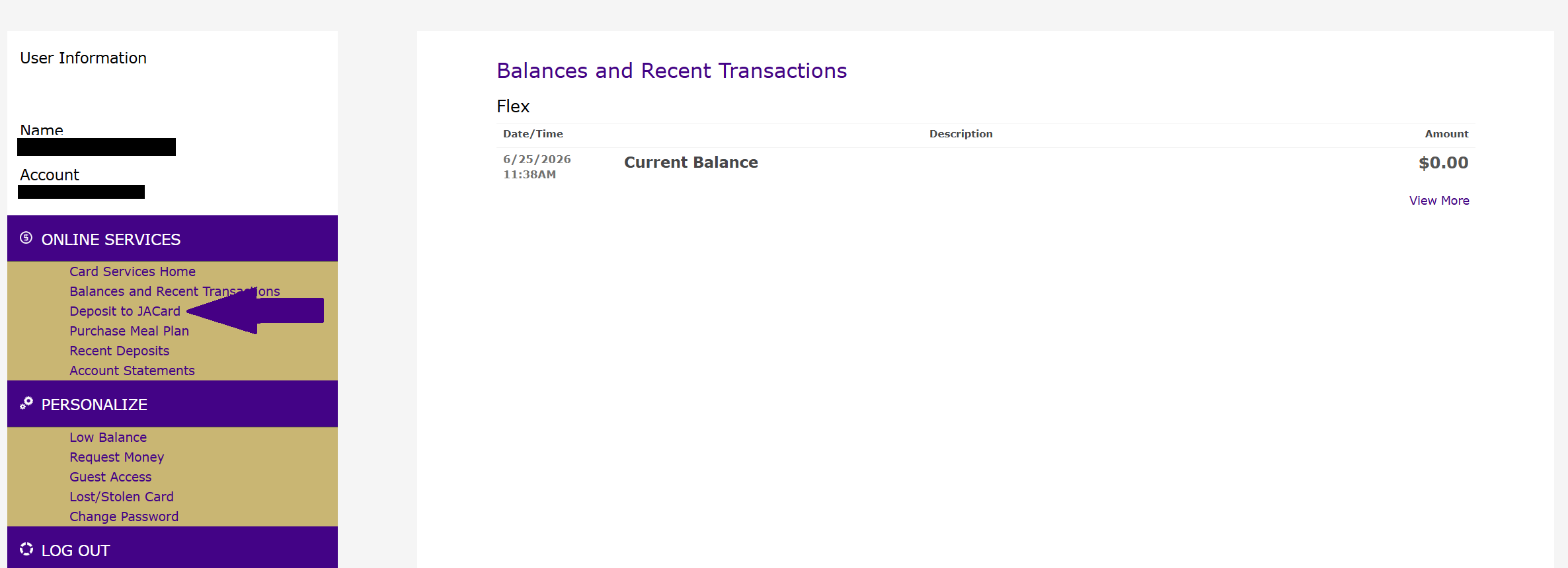 Click on deposit to JACard