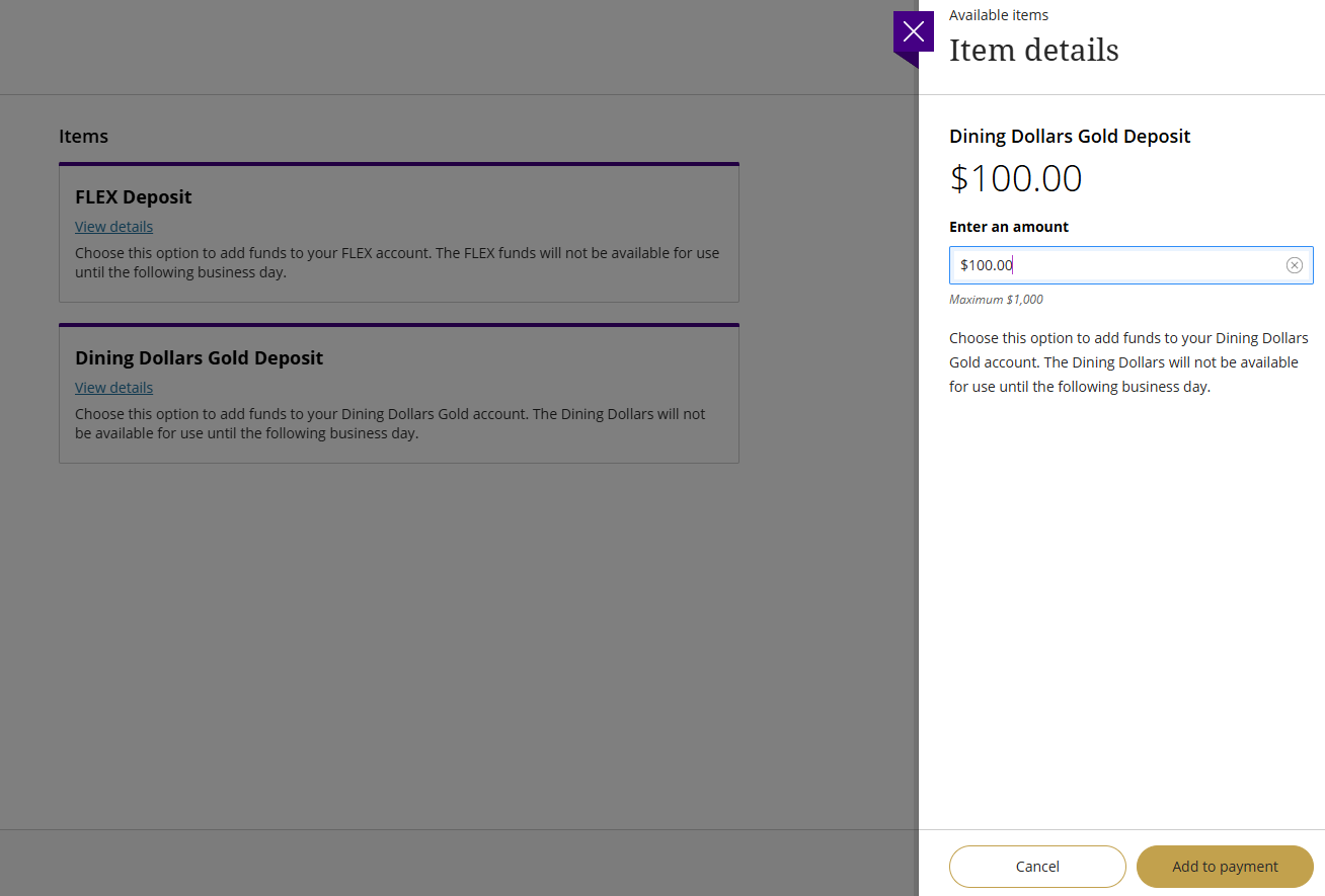 Dining Dollars Gold Payment screen