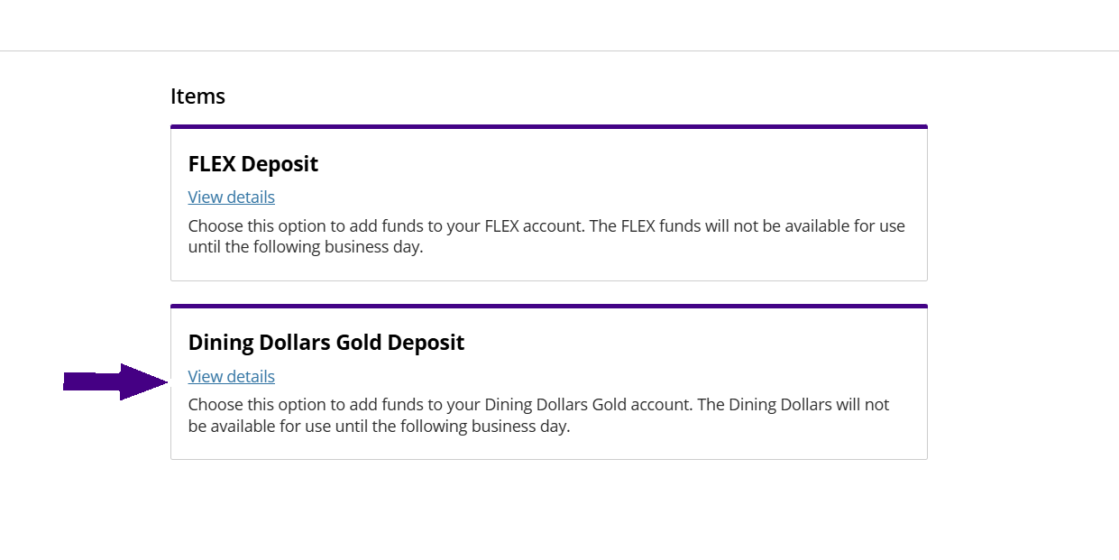 shows the options on the JACard tab and to select Dining Dollars Gold