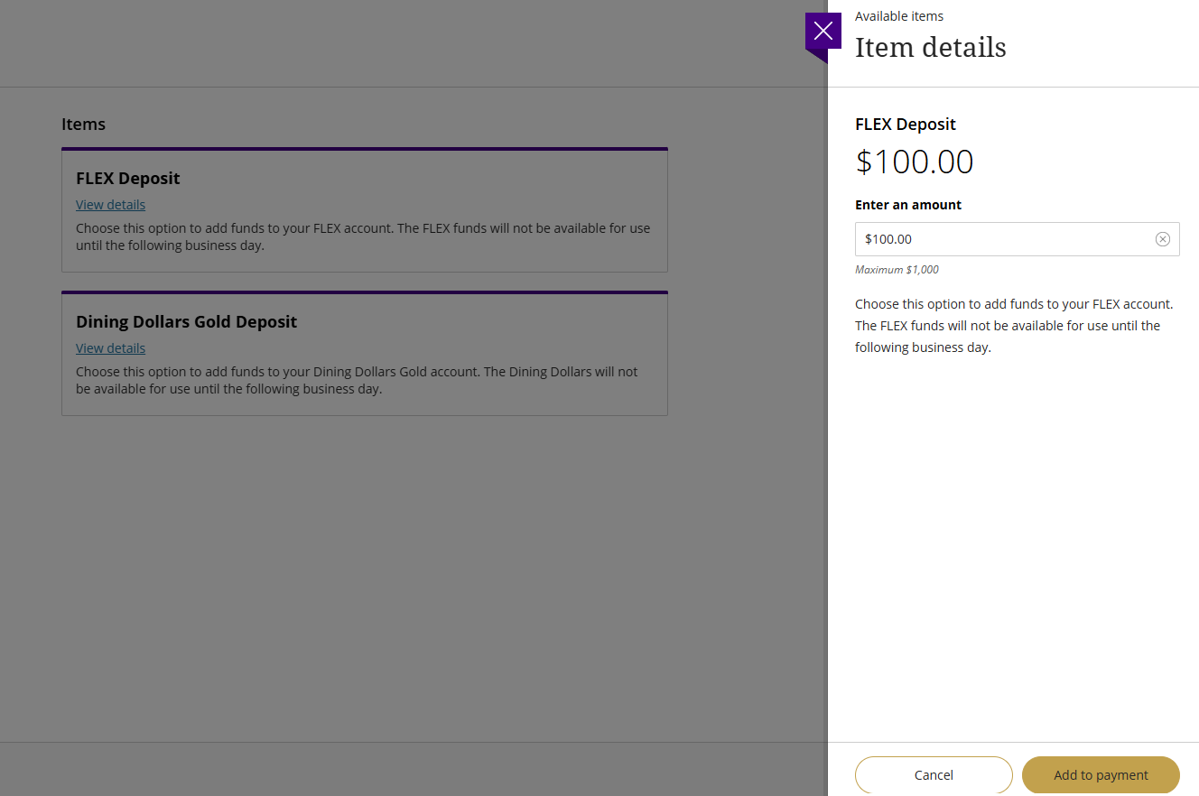 Add the amount to deposit to flex and click add to payment
