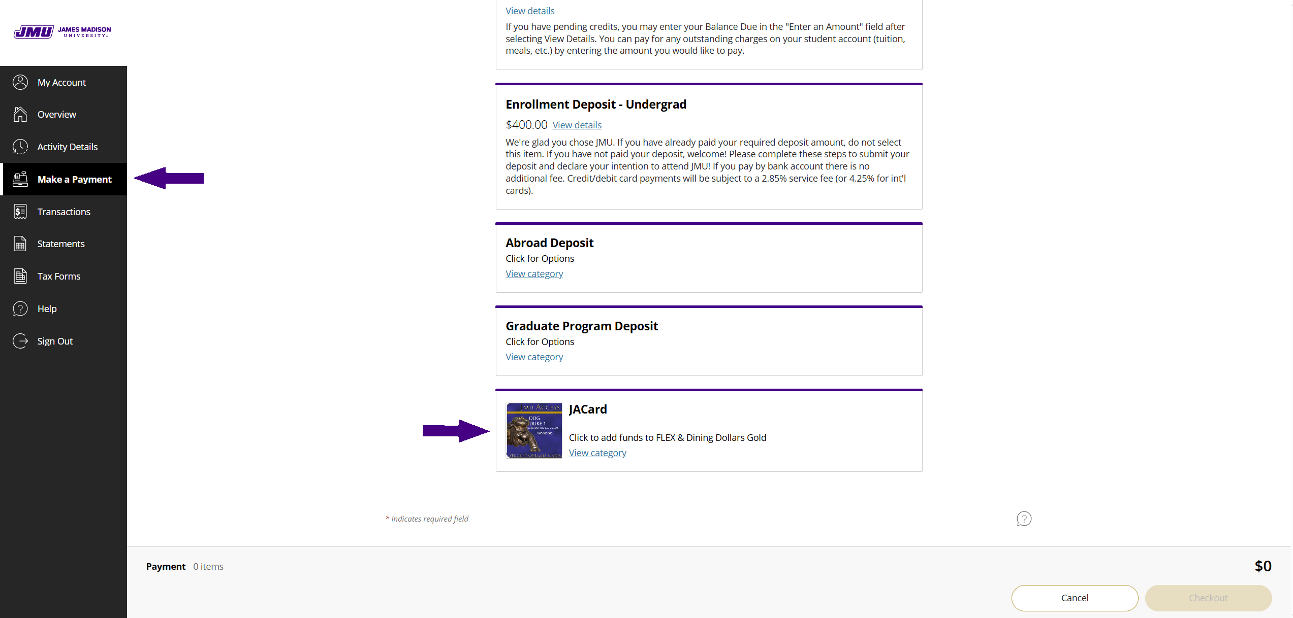 click on Make a payment tab in m3 and then JACard