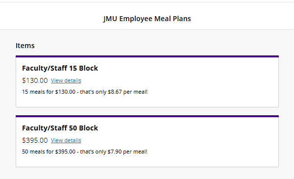 Select the fee that matches your selected meal plan