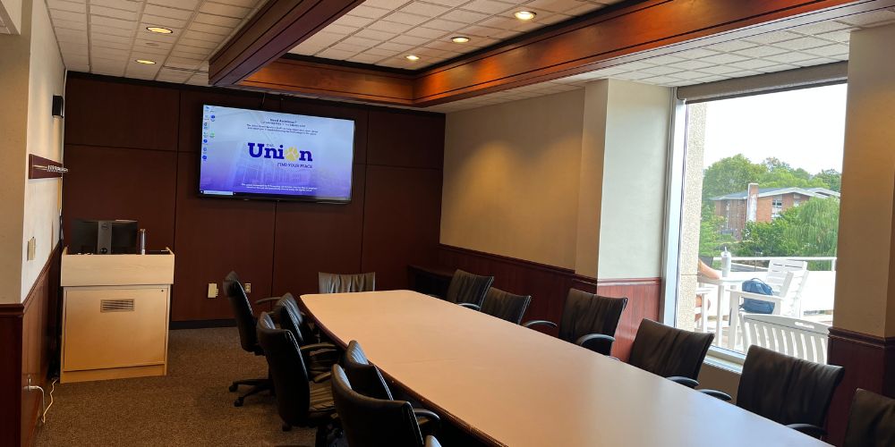 Taylor 303 boardroom setup viewed from left of room