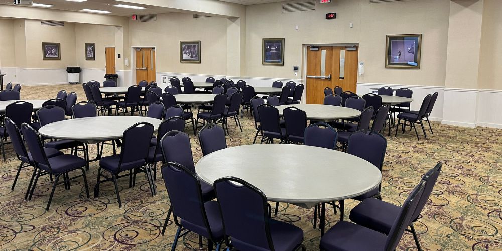 Union Ballroom from left front of room in banquet style seating