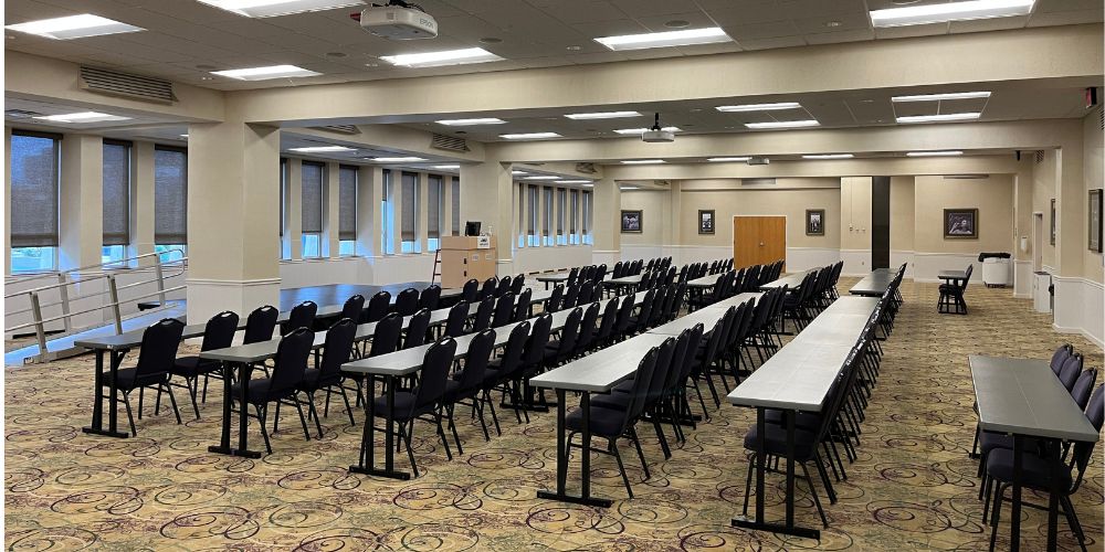 Union Ballroom viewed from left of room in a classroom style setup.