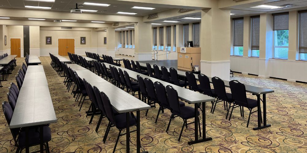 Union Ballroom viewed from right of room in a classroom style setup.