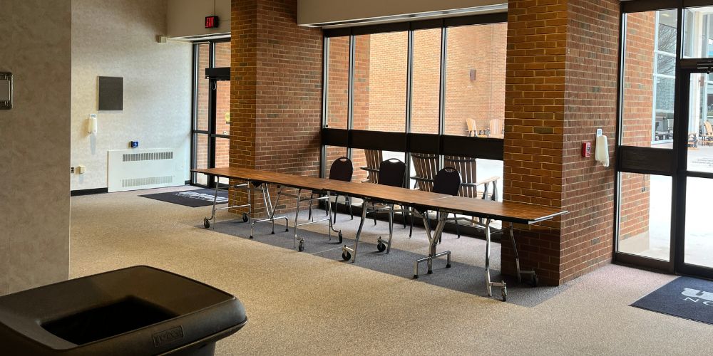 Grafton-Stovall lobby left side looking out onto patio.