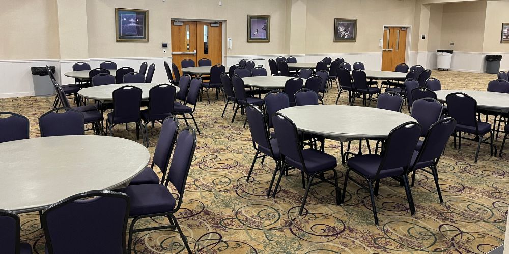 Union Ballroom from right front of room in banquet style seating