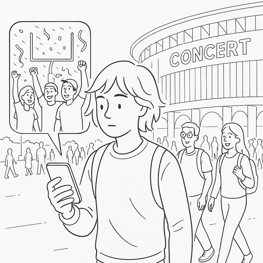 Illustration showing Alex viewing phone that shows a picture of their friends at the JMU game.