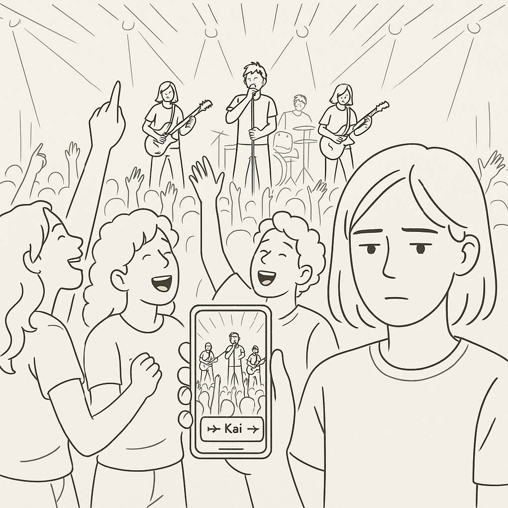 Illustration showing Alex with their phone in their hand with the image of the video they sent to their friends at the JMU game.