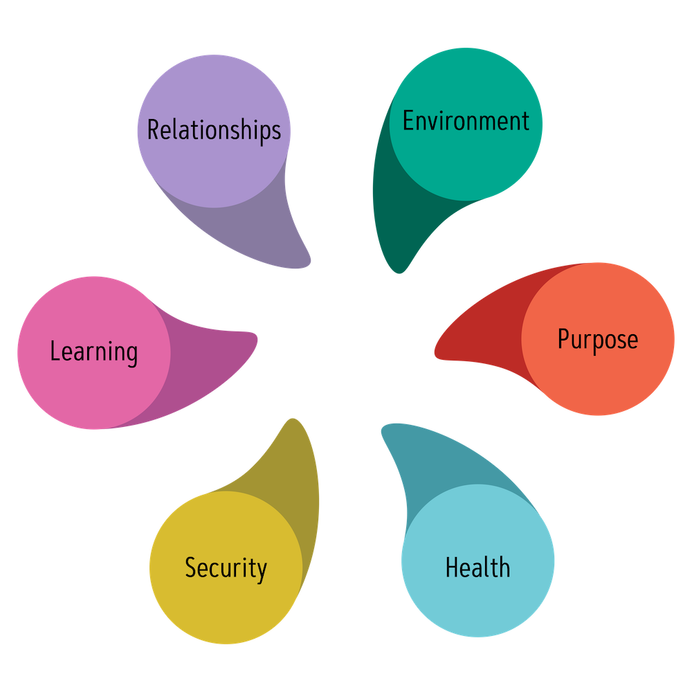 Illustration depicting six interconnected bubbles labeled Relationships, Environment, Purpose, Learning, Security, and Health, representing key elements of well-being.